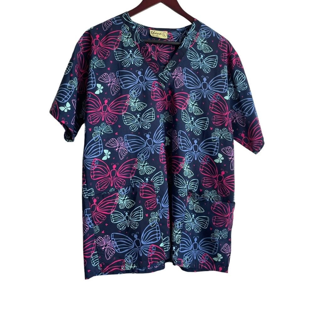 Shana Women Scrub Top L Navy Butterfly Medical‎ Uniform Nurse Workwear Dental
